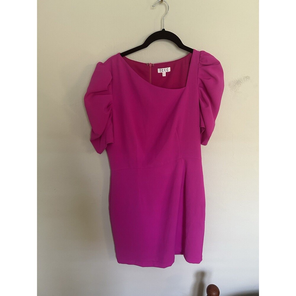 TCEC Pink Mini Dress Size M Asymmetrical Neckline Puff Sleeves Preppy Career